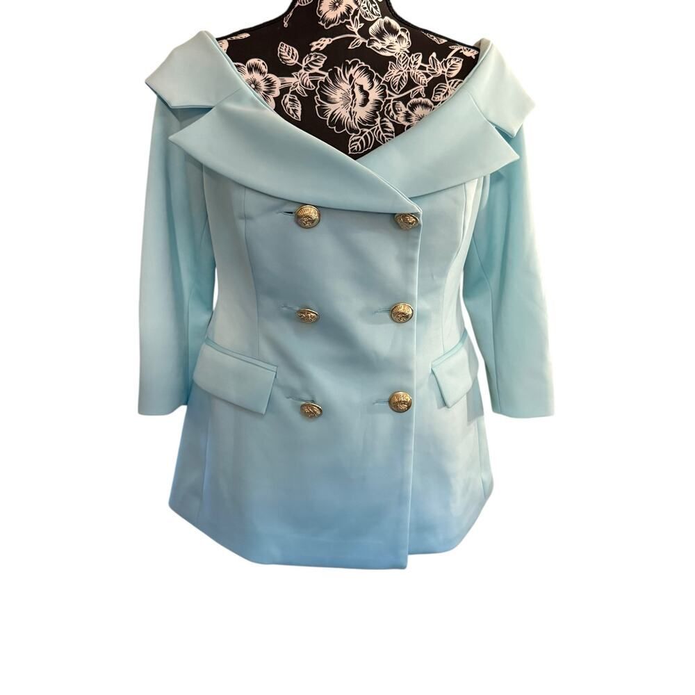 STUNNING Alexis Admor Light Blue Off-Shoulder Blazer with Gold Buttons Size 10